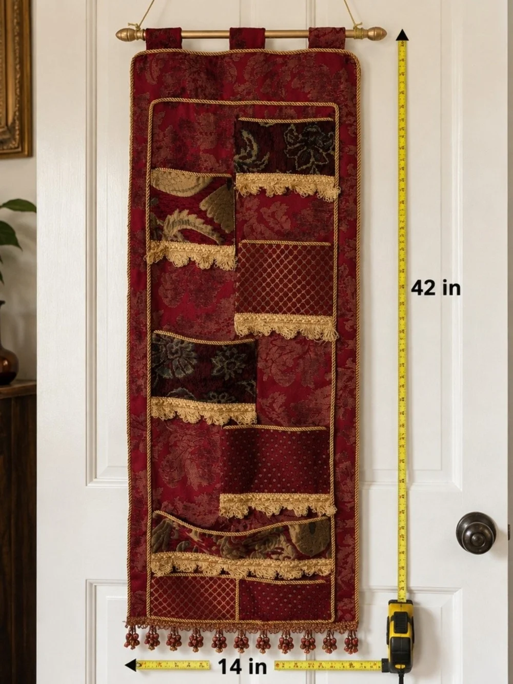 Red and Gold Fabric Wall Organizer Pocket Panel - Home Wall Decor